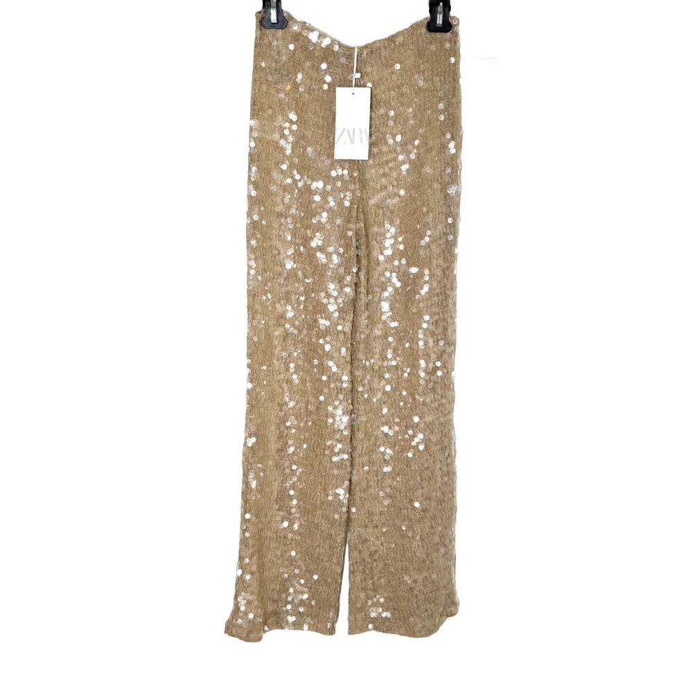 NWT Zara Shiny Disco Sequin Semi Sheer Wide Leg Flare Knitted Trouser Sz S